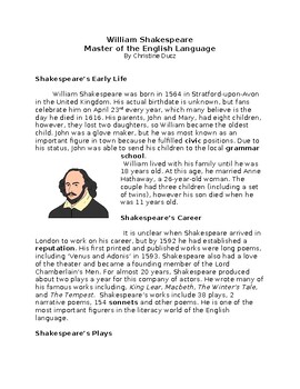 Preview of William Shakespeare Informational Text Set