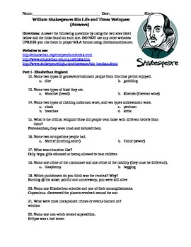 William Shakespeare Webquest & Answer Key by The Handy Helper | TpT