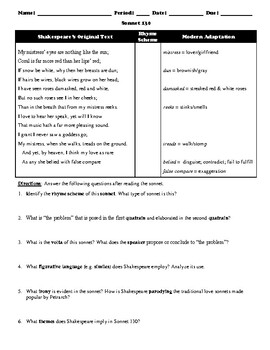 Preview of William Shakespeare's Sonnet 130 Study Guide Worksheet and Multiple Choice Quiz