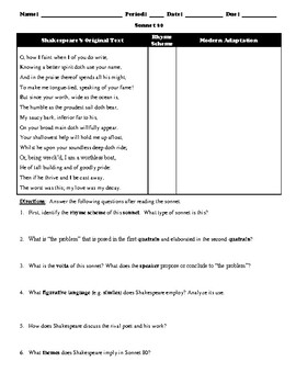 William Shakespeare's Sonnet 80 Study Guide Worksheet and Multiple ...