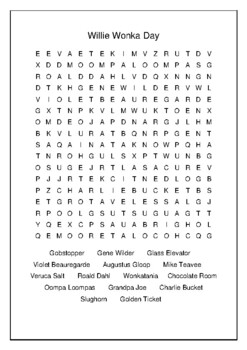 Willie Wonka Day October 1st Crossword Puzzle Word Search Bell Ringer