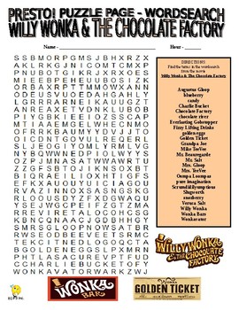Preview of Novel: Willy Wonka Movie Puzzle Page (Wordsearch and Criss-Cross / SUB)