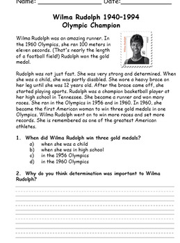 Preview of Wilma Rudolph Passage and Questions