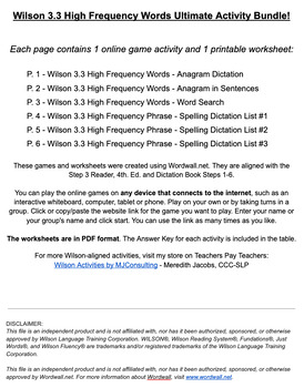 Preview of Wilson 3.3 High Frequency Word Ultimate Activity Bundle!