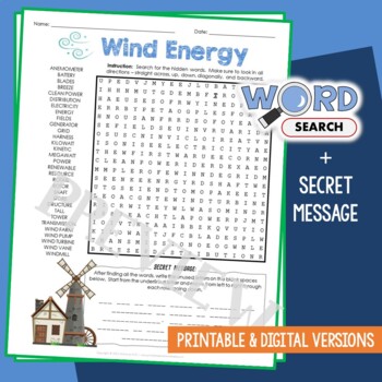 Preview of Wind Energy Word Search Puzzle Vocabulary Activity STEM Review Review Worksheet