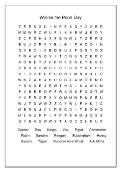 Winnie the Pooh Day January 18th Crossword Puzzle Word Search Bell Ringer