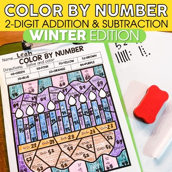 Preview of 2-Digit Addition and Subtraction Color by Number - Winter Coloring Pages