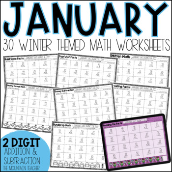 Preview of Winter 2 Digit Addition and Subtraction Worksheets | January Math Facts Fluency