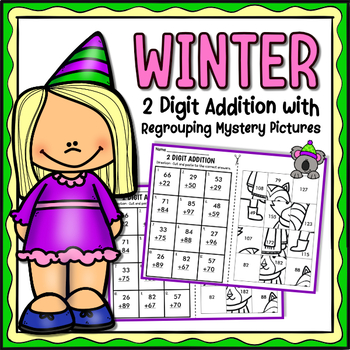 Preview of Winter 2 Digit Addition with Regrouping Mystery Pictures  | Cut and Paste Math