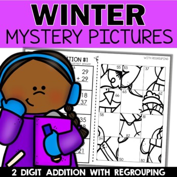 Preview of Winter 2 Digit Addition with Regrouping Worksheets Mystery Pictures