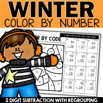 Preview of Winter 2 Digit Subtraction with Regrouping Coloring Sheets Color by Number