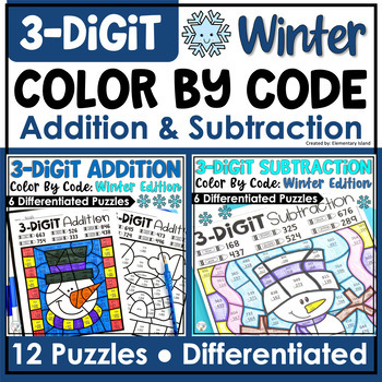 Preview of Winter Color by Number 3 digit Addition & Subtraction with & without regrouping