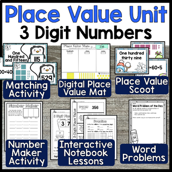 Preview of Winter 3 Digit Place Value Lesson & Activities-Interactive Notebook and Centers