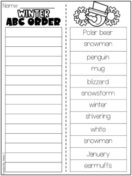 Winter ABC Order Worksheets by CreatedbyMarloJ | TPT