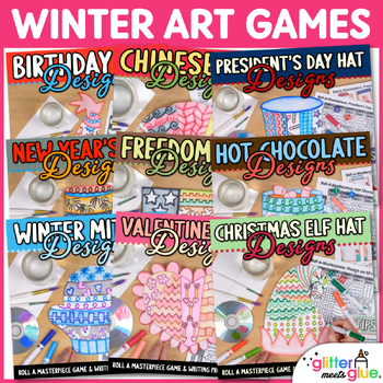 Preview of Winter Art Activities Bundle: Roll a Dice Games, Art Sub Plans & Writing Prompts
