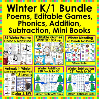 Preview of Winter Activities Bundle K/1 Editable Games, Mini Books, Poems, Phonics, Math