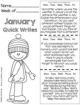 Winter Activities January Quick Writes Writing Prompts for Upper Elementary