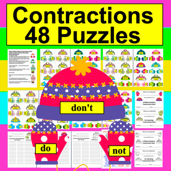 Preview of Winter Activities 48 Contractions Puzzles - Hats and Mittens Literacy Center