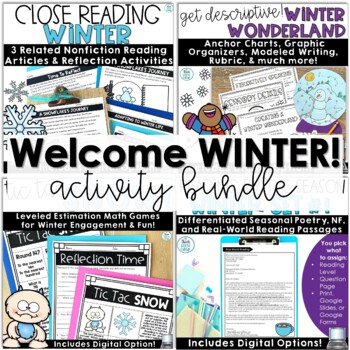 Preview of Winter Activities Reading Comprehension Writing Prompt Math February