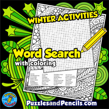Preview of Winter Activities Word Search Puzzle Activity Page with Coloring | Seasons