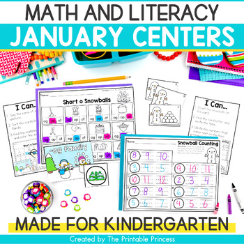 Preview of January Math and Literacy Centers for Kindergarten