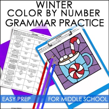 Preview of Winter Activities for Middle School ELA Color by Number Grammar Practice 