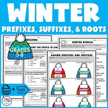 Preview of Winter Activities for Prefixes, Suffixes, & Root Words Morphology Grades 5-8
