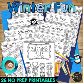 Preview of Winter FUN Activity No Prep Worksheets Crosswords Word Search Puzzles Math ELA