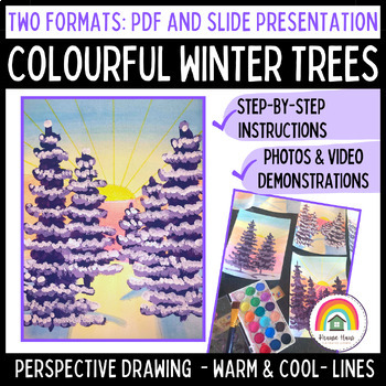 Preview of Colorful Winter Trees: Snowy Christmas Art Lesson PDF & Slide Presentation