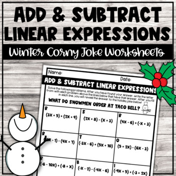 Preview of Winter Add & Subtract Linear Expressions Corny Joke Printable Practice Pages