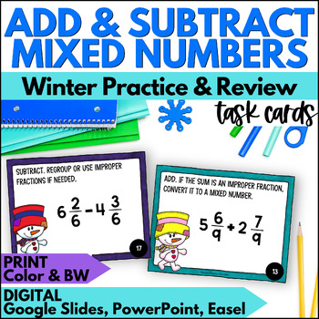 Preview of Winter Math Adding & Subtracting Mixed Numbers with Like Denominators Task Cards
