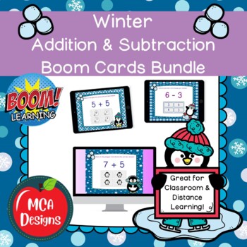 Preview of Winter Addition and Subtraction Boom Card Bundle