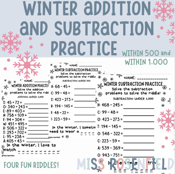 Preview of Winter Addition and Subtraction within 500 and 1000 | NO PREP | 2nd, 3rd, 4th