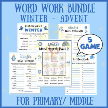 Preview of Winter Advent Word work BUNDLE phonic centers word scramble main idea middle 9th