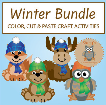 Preview of Winter Animal Cut & Paste Craft Project Bundle - Fox, Squirrel, Moose, Owl