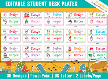 Preview of Winter Animal Student Desk Plates: 30 Editable Designs with PowerPoint