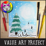 Winter Art Lesson, Bunnies in the Snow, Value Painting Art