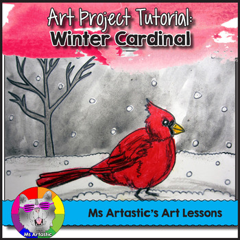 Preview of Winter Art Lesson, Cardinal in the Snow Art Project for Elementary