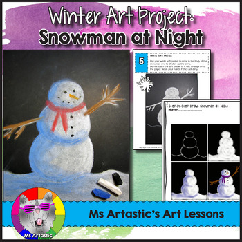 Preview of Winter Art Lesson, Value Snowman at Night Art Project for Elementary