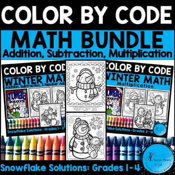 Preview of Winter BUNDLE Math Color By Number Code Addition, Subtraction, Multiplication