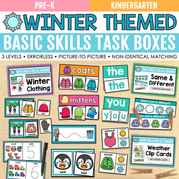 Preview of Winter Basic Skills Task Boxes (pre-K and special education) Errorless Included!