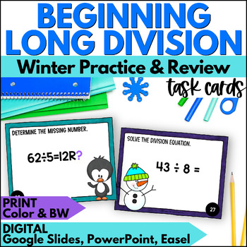 Preview of Winter Beginning Long Division Task Cards - Snowman Practice & Review Activity