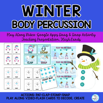 Get ready to move on the beat! These active winter animals are ready to "weather" your students in a body percussion play along activity. Get ready to move in the snow on the beat! All the body percussion actions are on the Steady Beat. Students will love to move with the seal, penguin, polar bear and snowman as they move to the beat of the music in the VIDEO. You can have them practice the patterns, with the video, then students can create their own body percussion patterns using the FLASH CARDS and GOOGLE SLIDES activities. The teacher guide offers music lesson outlines and activities for music activities too! This resource offers a variety of teaching strategies and learning experiences to help your students internalize the steady beat. Best for PreK-2nd Grade