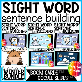 Preview of Winter Boom Cards & Google Slides BUNDLE - Sight Words Sentence Building 1 - 5