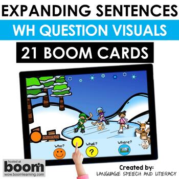 Preview of Winter Boom Cards™ Speech Therapy | Expanding Sentences with WH Questions