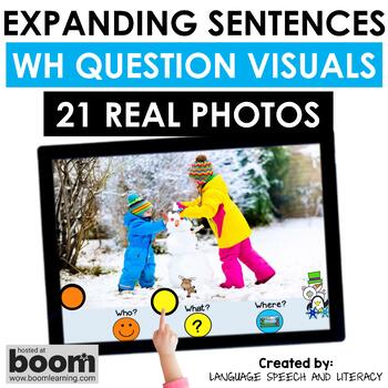 Preview of Winter Boom Cards Speech Therapy, Real Photos WH Questions, Increase MLU