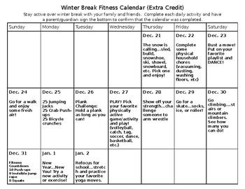 Preview of Winter Break Physical Activity Calendar