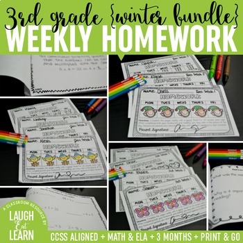 Preview of Third Grade Math & ELA Homework: Winter {Bundle}