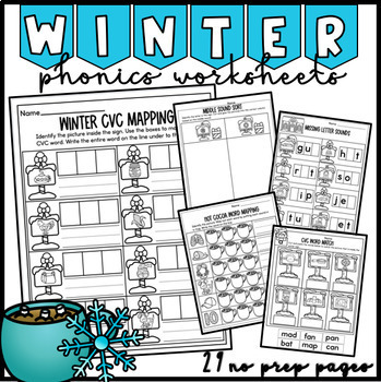Preview of Winter CVC No Prep Literacy Packet | Christmas Phonics Worksheet