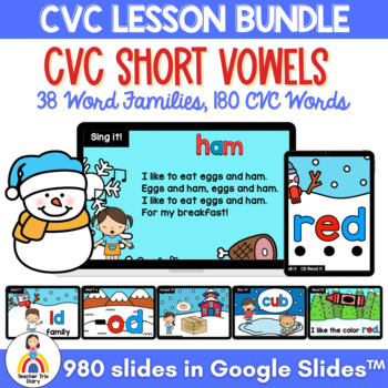 Preview of Winter CVC Short Vowel Word Families Lesson Activity Presentation BUNDLE